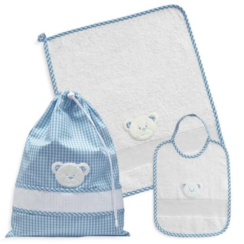 Set asilo da ricamare a punto croce, tre pezzi, sacchetto salvietta e bavaglia, Coordinato asilo in spugna bianca con tela aida, punto croce, fantasia quadretto con viso di orsetto (274 Azzurro)