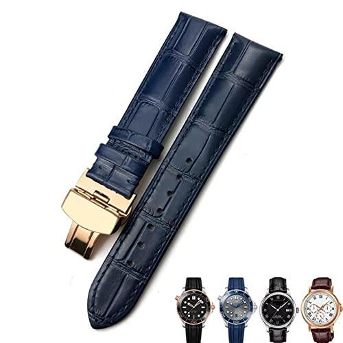 Bracelet montre 20mm cuir véritable bleu foncé avec fermoir papillon compatible Seamaster 300