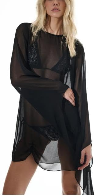 SOLILOQUY Sheer Dress for Women Long Sleeve See Through Cover Up Dress Bathing Suit Swimwear Chiffon Beachwear