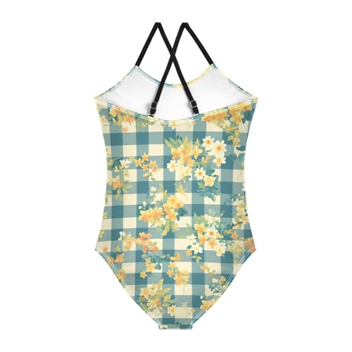 Flowers Dark Blue Gingham Girl Toddler Swimsuit Bathing Suits Swim Suit for Girls Beach Swimwear 3T2