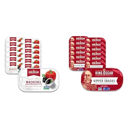 King Oscar Wild Caught Fish Bundle - Mediterranean Style Mackerel in Olive Oil (4.05 oz, Pack of 12) and Kipper Snacks Smoked Herring (3.54 oz, Pack of 12)