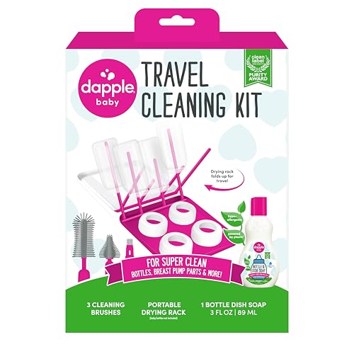 Dapple Baby Travel Cleaning Kit - 5 Piece- Baby Bottle & Dish Soap Bottle Brushes and Drying Rack - Newborn Essentials