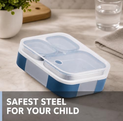 Image of VAYA Tydbyt Stainless Steel Lunch Box for Kids & Boys, 650ml, 3 Steel Containers & Lids, No Mix-Up Tiffin Box, School Bento Box, Blue