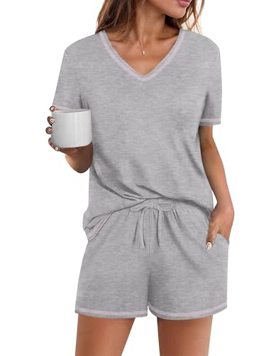 Ekouaer Womens Pajamas Sets Soft Cotton Pjs Short Sleeve Lounge Sets Casual Two Piece Pjs With Pockets Light Grey S