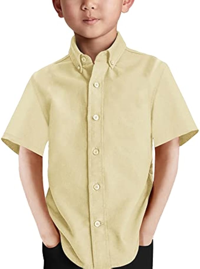 Boys' Short Sleeve Dress Shirts Classic Collared Button-Down Tshirt Solid Cotton Top with Chest Pocket