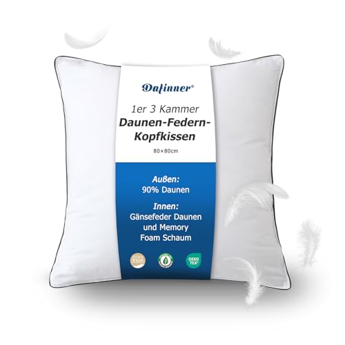 Dafinner 1er 3-Kammer-Daunenkissen 80×80 cm┃ 90% Daunen Außenkammer┃ Feder-Mischung Innenkammer ┃Oeko-TEX ┃Downpass ┃ Mittlere Unterstützung│Bio-Baumwoll