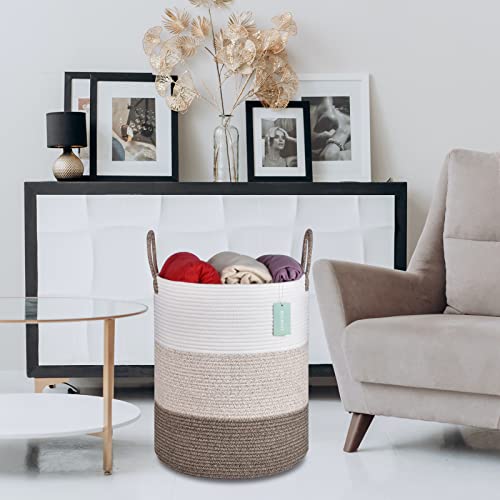 Image of Large Cotton Rope Laundry Hamper 65L, White & Gradient Brown | 16 inchx 20 inch, Tall Woven Storage Basket for Nursery, Bedroom & Living Room; Stores Clothes, Blankets, Pillows, Toys & Towels