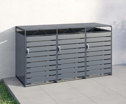 STEELSØN Mülltonnenbox 3er Thoria, Mülltonnenverkleidung aus Stahl für 3 Tonnen, Müllcontainer jeweils 240 Liter mit Sichtstreifen in anthrazit, Müllbox 200 x 80 x 116 (BxTxH)