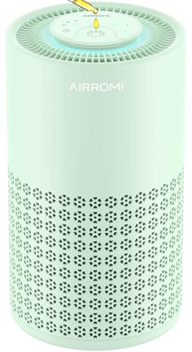 Image of AIRROMI Air Purifier for Bedroom with HEPA 3-in-1 Filter, Pet Air Purifier for Home Cat Pee Smell, Covers Upto 990 Ft², Quiet 360°intake Air Cleaner for pet hair,allergies,Dust,Smoke A2001 Green
