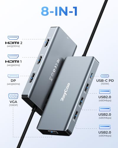 USB C Docking Station Dual Monitor Adapter for Dell HP, Laptop Docking Station 3 Monitors Quadruple Display USB C Hub Dongle to 4K HDMI+DP+VGA,3 USB2.0,100W PD, 8 in 1 USB C Dock for Lenovo,Surface - Thumbnail 2