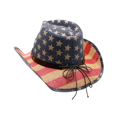 Image of Mens Straw Cowboy Hat Unisex Western Beach Sun Hat for Men Women Wide Brim Fedora Hat Cowgirl Hats Summer Panama Hat