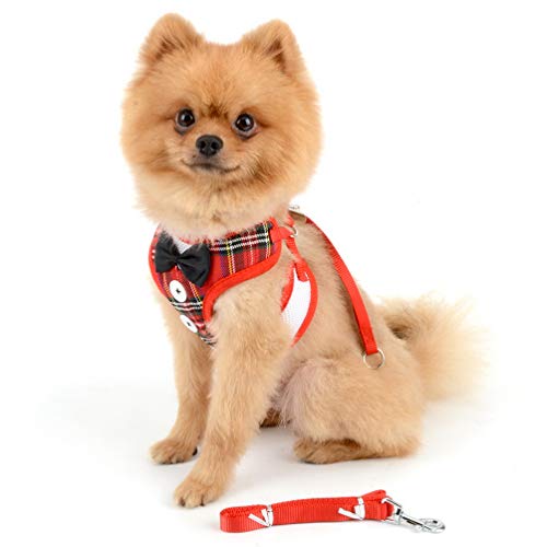SELMAI Vest Harnesses and Leash Set for Small Dog Cat Cute Pet Adjustable No Pull Boy Puppies Tuxedo Gentleman Suit Bow Tie Decoration Velvet Soft Mesh Padded Yorkie for Walking Leads Outdoor Red M