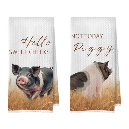 BlissfulAbon Funny Pig Hand Towels Set - Pig Gifts Waffle Decorative Hand Towels, Hello Sweet Cheeks Bathroom Decor, Farmhouse Rustic Farm Animal Bathroom, 16x24 Inches Set of 2