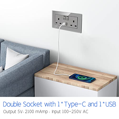 5 Pack CNBINGO Glass Double Switched Socket with USB-A and Type-C Charging Ports, Grey Tempered Glass Panel Wall Outlet, 2 Gang 13 Amp Electric Power Socket 5 Pack CNBINGO Glass Double Switched Socket with USB-A and Type-C Charging Ports, Grey Tempered Glass Panel Wall Outlet, 2 Gang 13 Amp Electric Power Socket