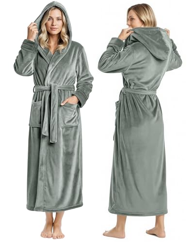 NY Threads Premium Womens Robe with Hood, Plush Fleece Long Bath Robe for Women, Fluffy Soft Women's Bathrobe, Medium, Steel Grey