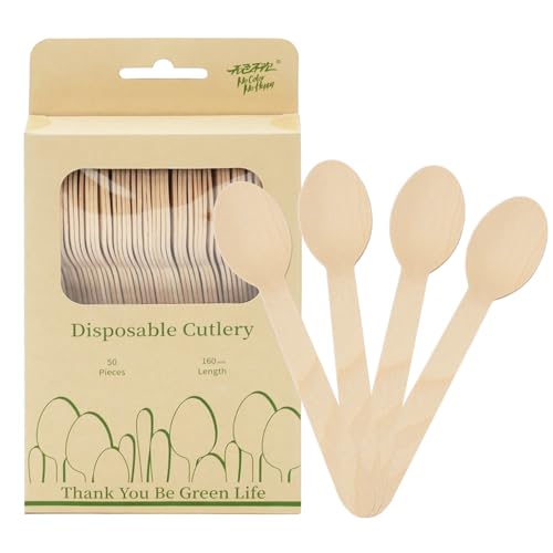 DTFMZOV 50 Pcs Disposable Wooden Spoons 6.3 Inch Wood Spoons Eco-friendly Biodegradable Compostable Spoons Wooden Cutlery for Camping Picnics Dinner Party Supplies