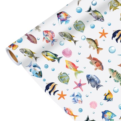 Pineraap Fish Wrapping Paper Roll - Watercolor Colorful Ocean Theme Gift Wrap for Beach Parties, Birthdays, Baby Showers, 17Inch x16.4Feet