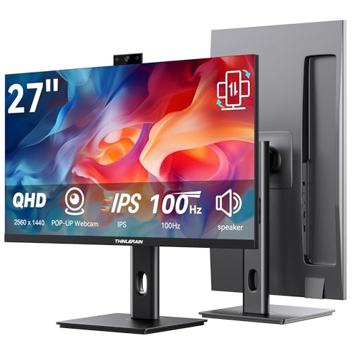Thinlerain 27 Inch Monitor with Pop-Up Webcam - 2K 2560 x 1440 IPS Computer Monitor, 100Hz Vertical Gaming PC Screen, Built-in Microphone, HDMI, DisplayPort, Display for Office Home Work