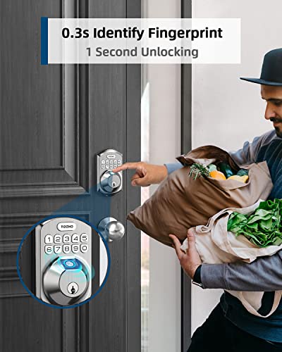 Teeho Te002K Fingerprint Door Lock Set - Keyless Entry Door Lock With Handle - Door Knob With Keypad Deadbolt - Smart Locks For Front Door - Auto Lock - No Need App - Easy Installation - Satin Nickel #TOP1