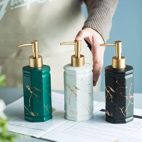 Dispensador de jabón de cerámica negro de 350 ml con diseño de mármol y bomba dorada retro 7