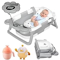 MATERCUBS Collapsible Baby Bath Tub with Thermometer - Baby Bath Support for Newborn Bath - Portable Bathtub with Drain Plug for Travel - Anti Slip Tub with Shower Jug and Toy 0-24 Months (Grey)