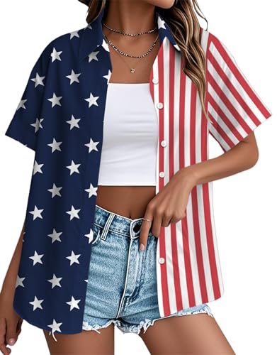 Image of Ithalt 4th of July Hawaiian Shirts Women American Flag Patriotic Short Sleeve Button Down Outfits Summer Vacation Tops