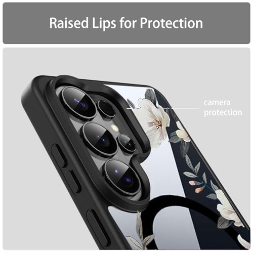 Image of VONZEE Compatible with Samsung Galaxy S26 Ultra 5G Case Luxury Retro Flowers Floral Clear for Magnetic Wireless Charging Case Shockproof PC+TPU Cute Glossy Shiny Cover for Girls Women, Black