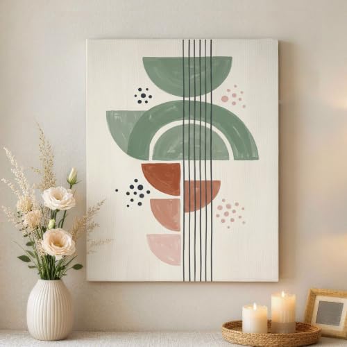 Lienzo geométrico abstracto moderno: cuadro minimalista verde y melocotón de 16x20