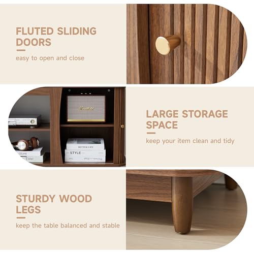 Image of TV Stand, Fluted Media Console Table with Storage and Sliding Door, Farmhouse Entertainment Center for Living Room, Home Office (Walnut-No Fireplace)