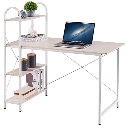 HOME BI Computer Desk with Storage Shelves 47 inch, Reversible Study Writing Table with Adjustable Bookshelf, Mordern Small Desk for Home,Office,Bedroom,White