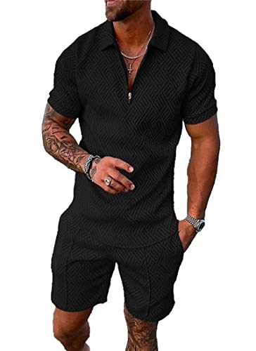 BIRW Conjunto deportivo de 2 piezas para hombre, conjunto de pantalones cortos de verano, camisa polo de moda, casual, manga corta y pantalones cortos, Negro -, X-Large
