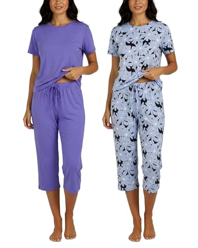 Image of Real Essentials 2 Pack: Womens Pajamas Short Sleeve Sleepwear Tops and Capri Pants Pjs Print Pajama Sets (Available In Plus)