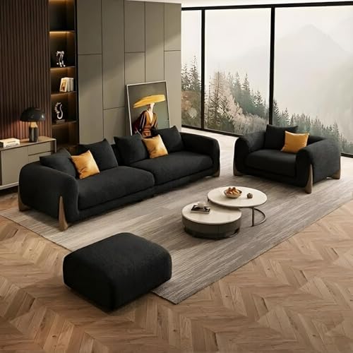 Image of Classic 3+1= 4 Seater with Footrest Seater Sofa Set Luxury Chesterfield Modern Fahionalable Sleeper Sofa for Living Room, Dining Room, (3+1+Ottoman Black Sofa Set Boucle Fabric)