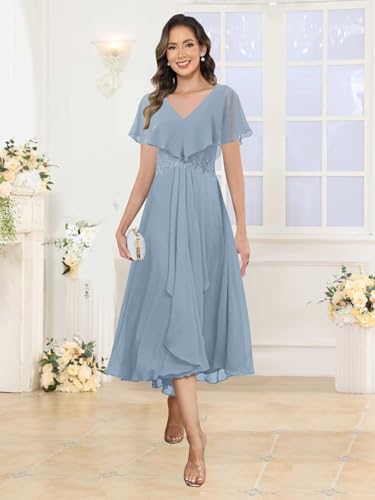 Tea Length Mother of The Bride Dresses for Wedding Cape Sleeves Applique V-Neck Chiffon Formal Dress3