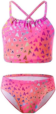 Girls Swimsuit for 3t 4t Kids Bathing Suit Hot Pink Hearts Print 2-Piece Tankini Swimwear Sets with UPF 50+ Sun Protection