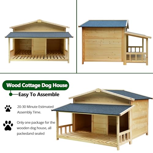 Dog House Outdoor Weatherproof, 47.2" Large Wooden Puppy Shelte Outdoor/Indoor Dog Houses with Porch, Elevated Floor, 2 Doors Dog Kennel