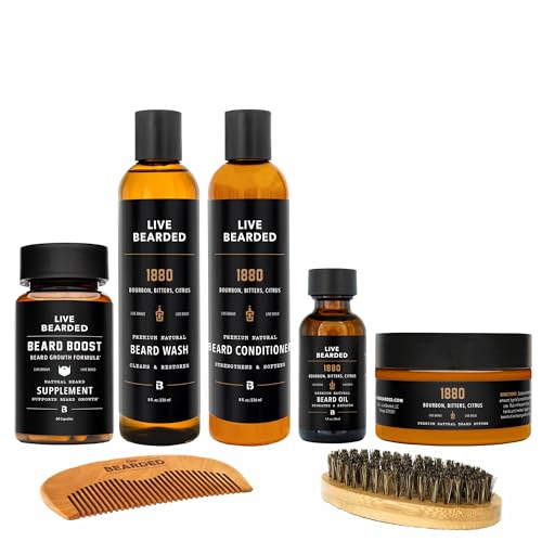 Live Bearded Total Beardsman Kit – Complete Beard Growth Kit for Men – Beard Oil, Butter, Wash, Conditioner, Vitamins, Comb, Brush | 1880 – Bourbon, Bitters, Citrus