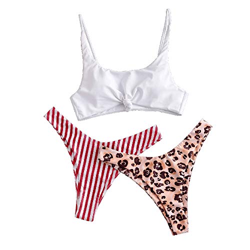 ZAFUL Women's Contrast Front Knot Striped Bikini Set 2 Piece High Cut Swimsuits (L, White&Striped Leopard-Three Pieces)