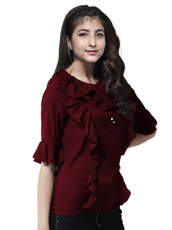 SKY FLY Girls Front Ruffed 3-4 Bell Sleeve DZN top-69 Maroon Small 1