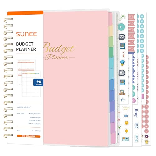 SUNEE Budget Planner - Deluxe Monthly Budget Book with 12-Pockets for Bill Organizer, Undated 12 Month Expense Tracker Notebook & Account Book B5 Size (8