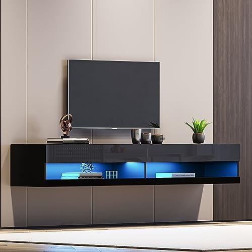 WERSMT Floating LED TV Stand, Wall Mounted Entertainment Center for 65 70 75 80 inch TV, Modern High Gloss TV Stand TV, Black