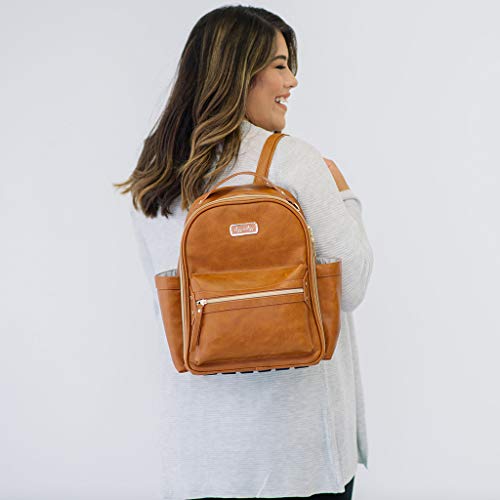 Itzy Ritzy Mini Diaper Bag Backpack - Chic Mini Diaper Bag Backpack With Vegan Leather Changing Pad, 8 Total Pockets (4 Internal And 4 External), Grab-Top Handle And Rubber Feet, Cognac #TOP4