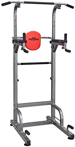 RELIFE REBUILD YOUR LIFE Power Tower Workout Dip Station for Home Gym Strength Training Fitness Equipment Newer Version (Renewed)