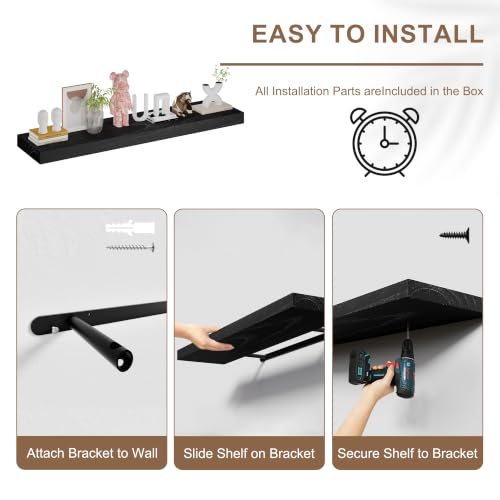 Image of 60 Inch Extra Deep Floating Shelves Set of 3-12 inch Wide Solid Paulownia Wood Wall Mounted Shelves, Black Wood Finish, Heavy Duty Long Display Ledge for Kitchen, Living Room & Home Office