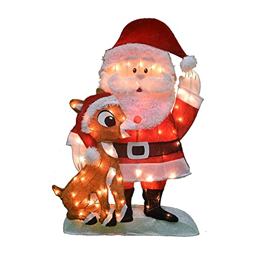 PRODUCTWORKS 32-Inch Pre-Lit Santa and Rudolph Christmas Yard Decoration 70 Lights