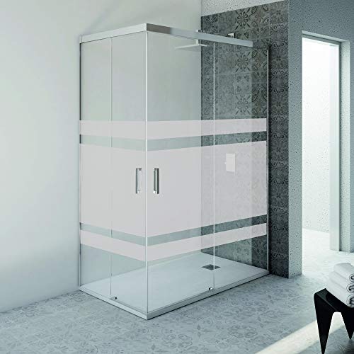 Mampara de ducha VAROBATH ANGULAR 2 FIJAS-2 PUERTAS CORREDERAS con SERIGRAFIA SIN PERFIL INFERIOR – Tratamiento ANTICAL INCLUIDO (70-80x90-110, Cromo)