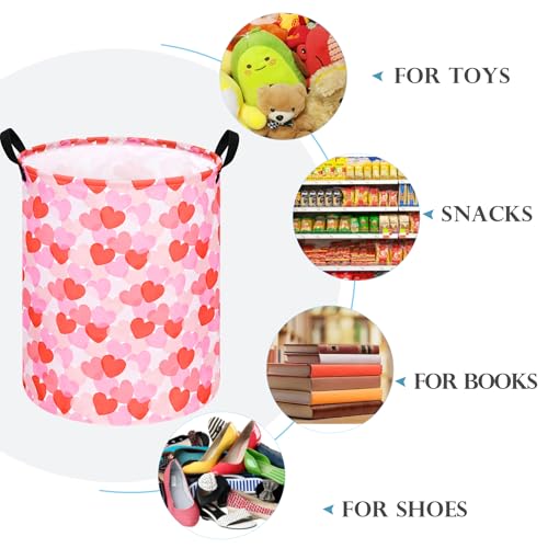 Image of Round Valentine's Heart Pattern Laundry Hamper Clothes Storage Basket Fabric Storage Hamper Organization Storage Bin, Nursery Box,Gift Basket with Handles