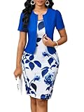 Womens Elegant Spring Bodycon Crew Neck Two Piece with Jacket Sets Floral Print Short Sleeves Pencil Vintage Gradution Modest Midi Dresses Blue Large