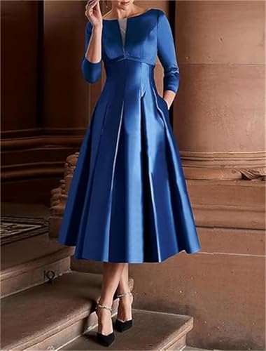 Satin A Line Mother of The Bride Dresses for Wedding Tea Length Long Sleeve Wedding Guest Dress for Women4