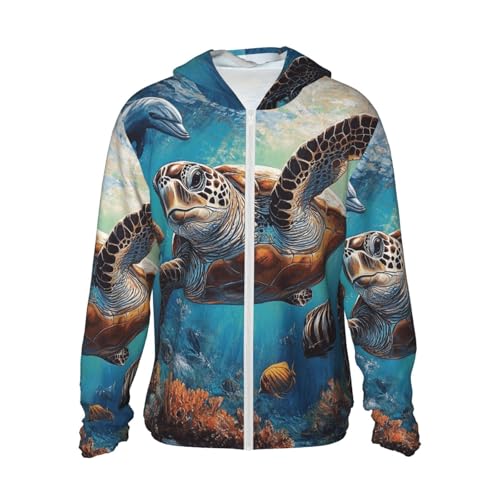 UPF 50+ Sun Protection Hoodie Long Sleeve Sea Turtle Dolphin Fish Sun Shirt Rash Guard Fishing Shirts for Men - Main Image